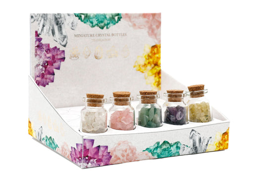 Geko Products fragranced crystal bottles set with five miniature glass jars filled with colorful crystals and cork stoppers