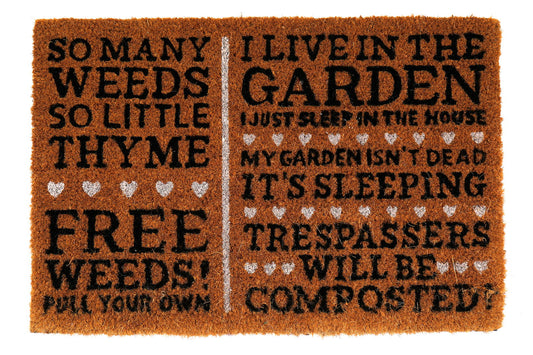 Geko Products Free Weeds Doormat with humorous garden-themed text in black on brown background