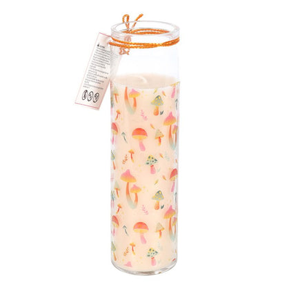 Funky Fungi mushroom candle in a tall glass with colourful mushroom print for unique home decor