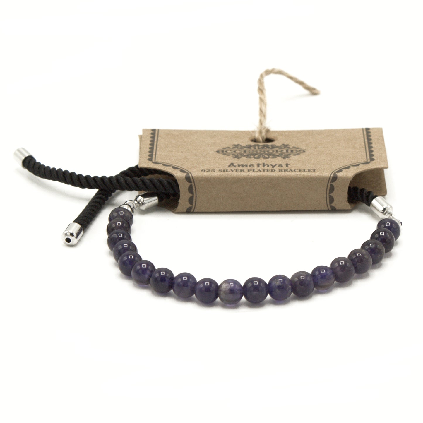 Silver Plated Gemstone Black String Bracelet featuring amethyst beads and adjustable length