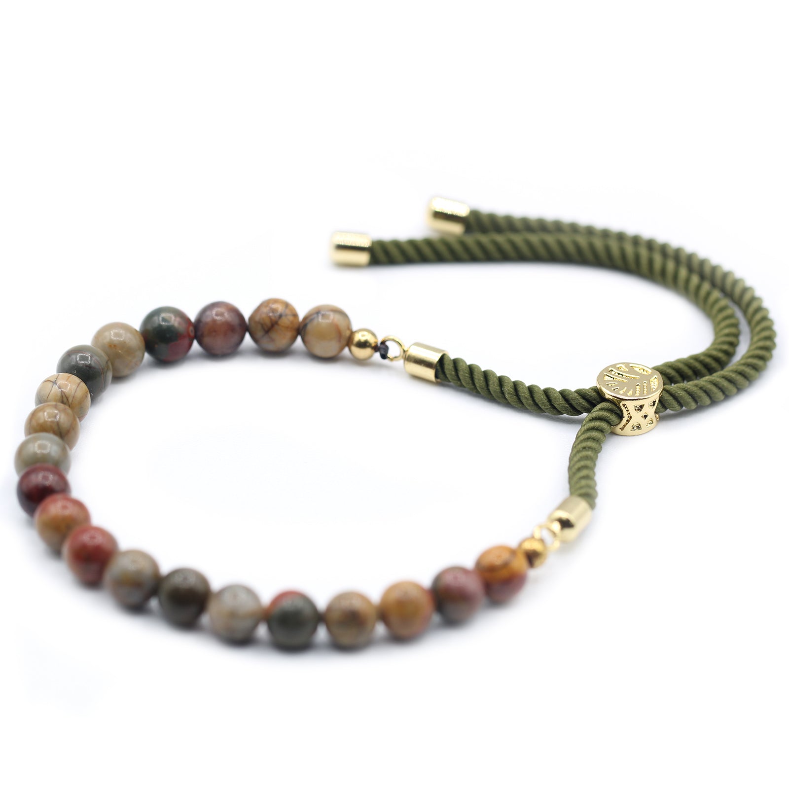 Gemstone string bracelet featuring multicolor beads and a green adjustable cord design