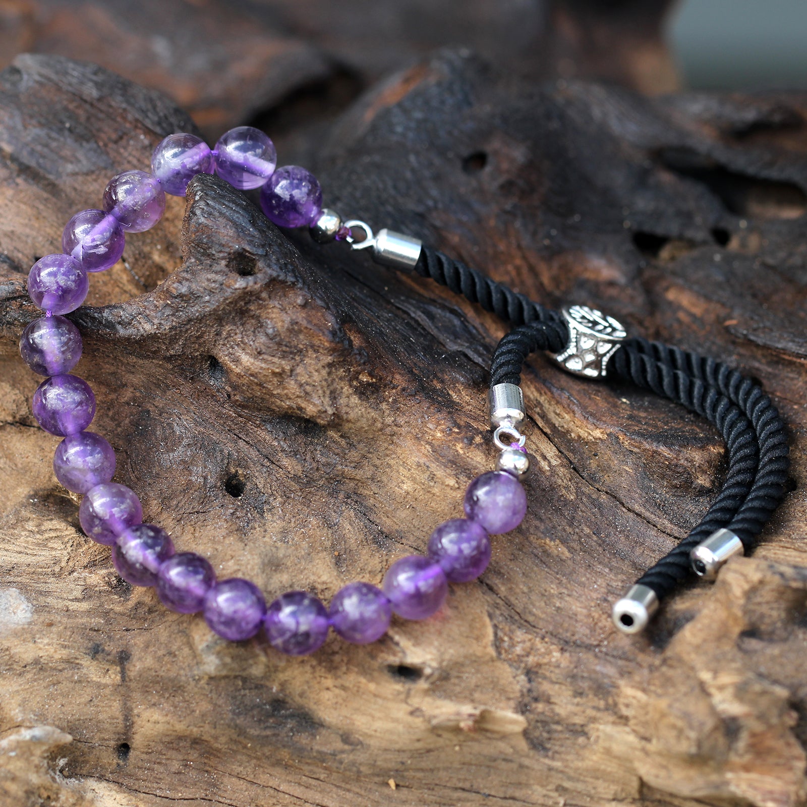 Elegant Silver Plated Gemstone Black String Bracelet with Amethyst Beads and Stylish Closure