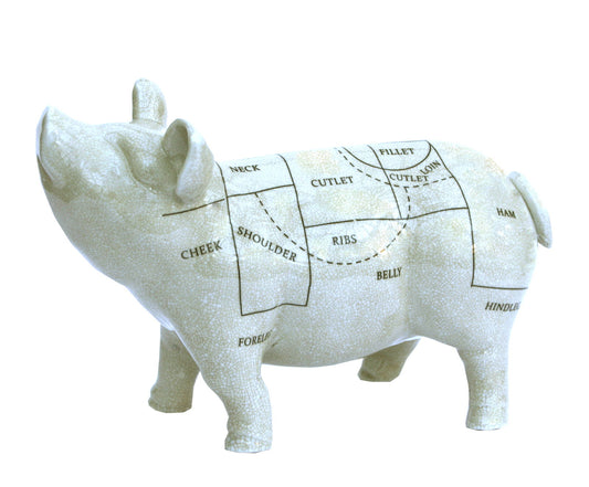 Geko Products ceramic pig ornament with butcher cut labels in a vintage style