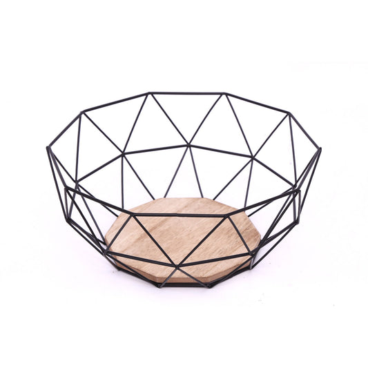 Geometric black wire bowl with wooden base by Geko Products for modern home decor