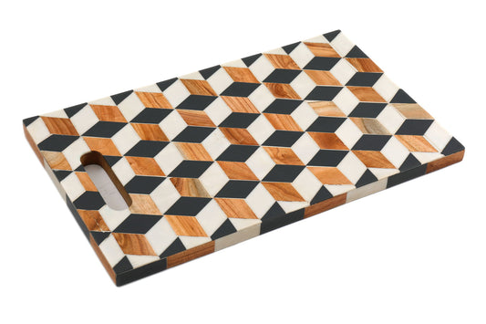 Geko Products geometric serving tray with wooden and black cube pattern and built-in handle