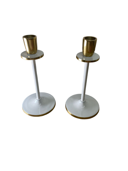 Geko Products glossy white candlestick set with gold accents and sleek modern design