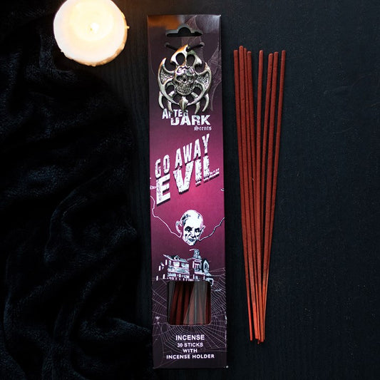 Go Away Evil incense sticks with holder, featuring a dark design for spiritual cleansing rituals