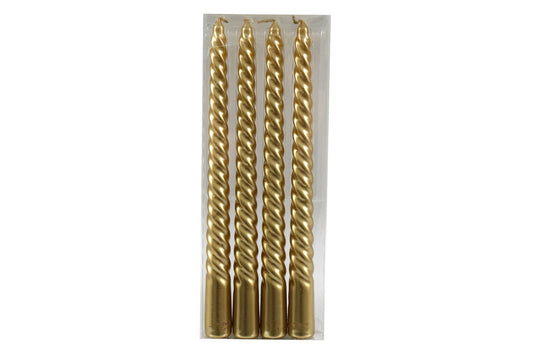 Set of four gold twist taper candles in clear packaging by Geko Products