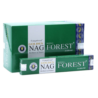 15g Golden Nag Forest incense sticks in a green box for aromatic and soothing environments