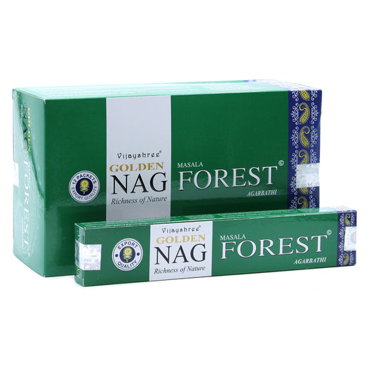 15g Golden Nag Forest incense sticks in a green box for aromatic and soothing environments