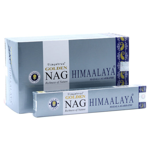 15g Golden Nag Himalaya incense sticks in a silver box, perfect for meditation and relaxation