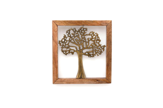 Golden tree wall art with intricate branches framed in rustic wood by Geko Products