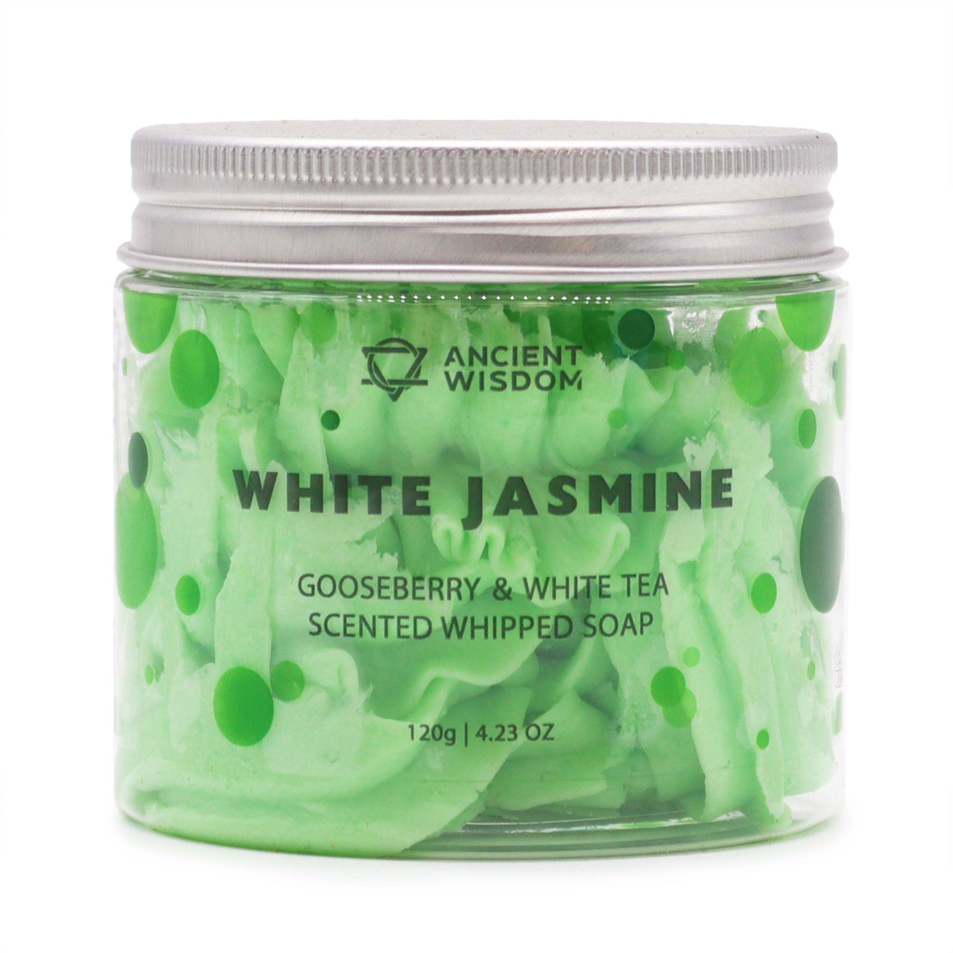 Gooseberry white tea soap in a green jar with a whipped texture for a refreshing cleanse