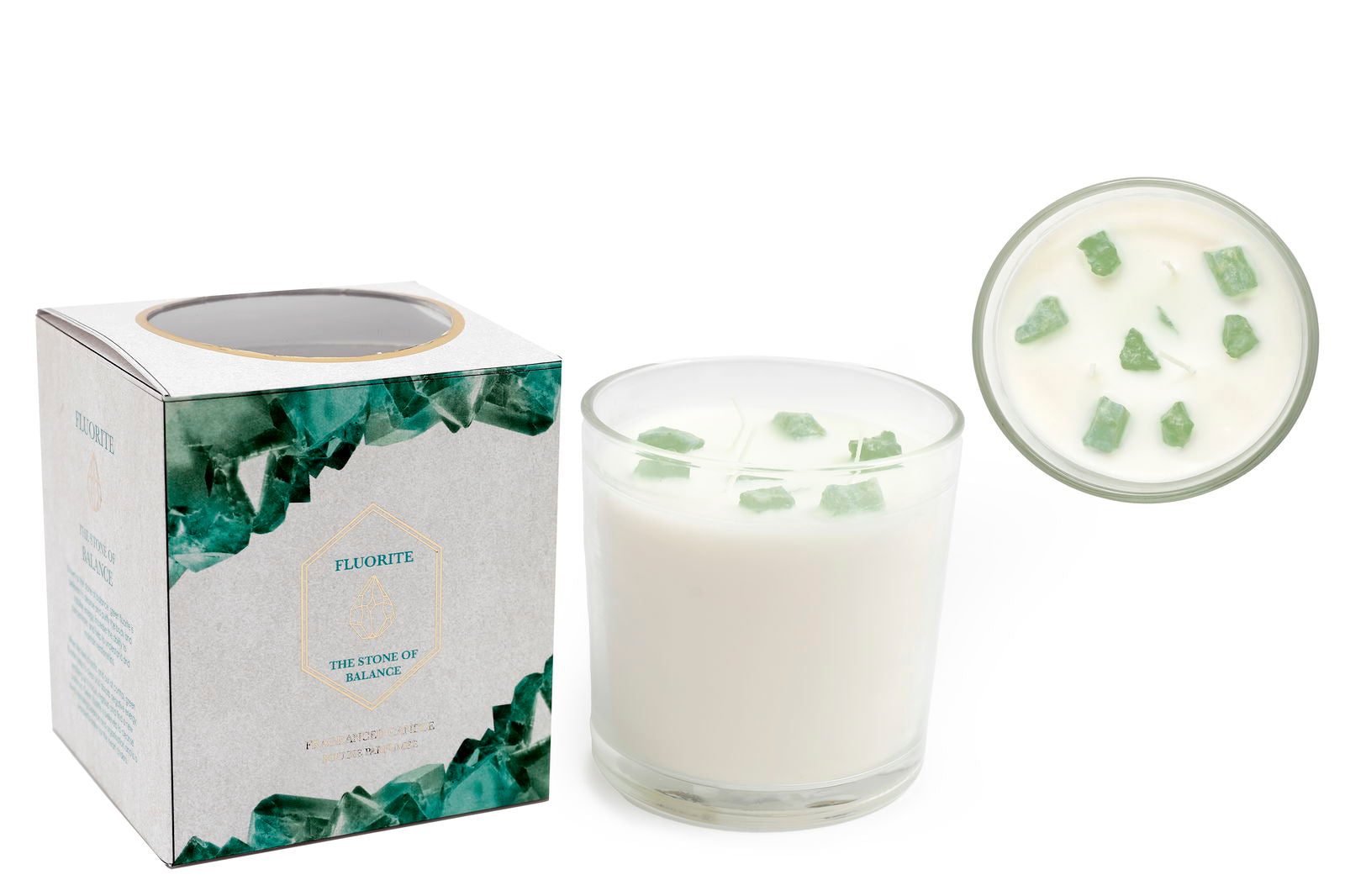 Geko Products green fluorite candle in clear glass with green fluorite crystal pieces on top and decorative packaging