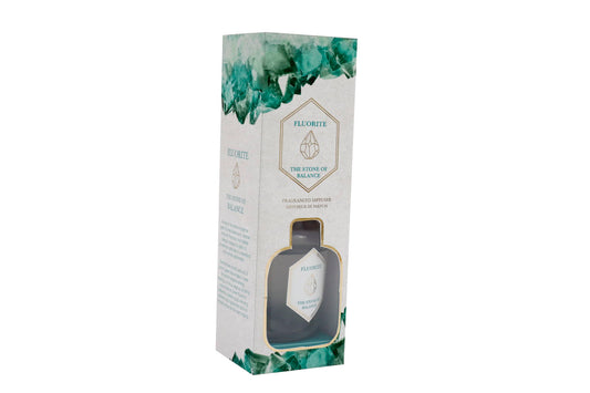 Green fluorite diffuser in decorative packaging by Geko Products for balance and wellness