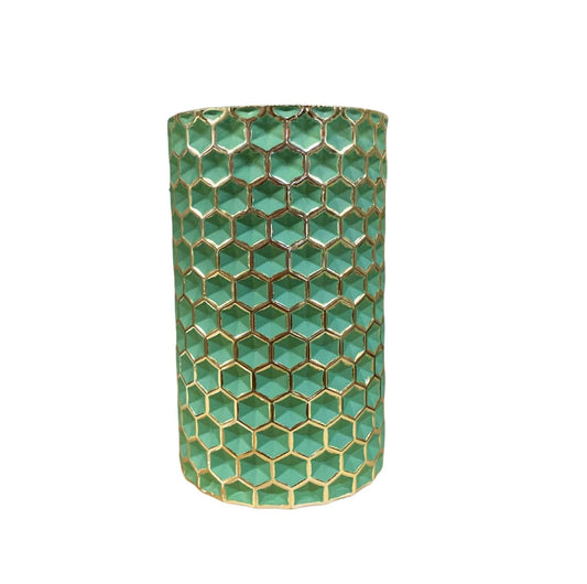 Green honeycomb vase by Geko Products with geometric hexagon pattern and glossy finish
