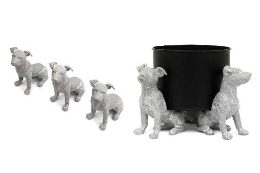 Grey dog pot risers set from Geko Products featuring four gray dog-shaped supports for plant pots