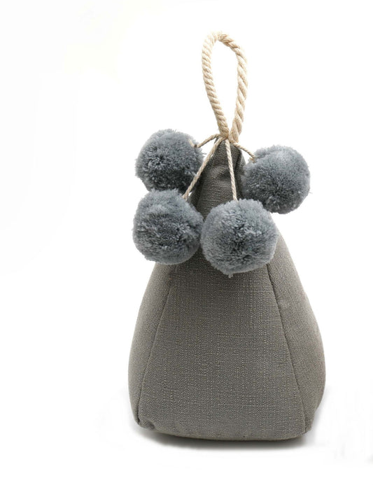 Grey pompom doorstop with fabric texture and rope handle by Geko Products