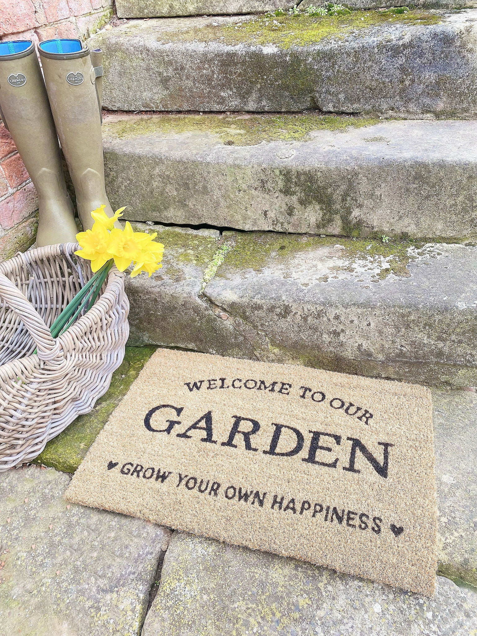 Geko Products grow your own happiness doormat with welcome to our garden text on outdoor stone steps