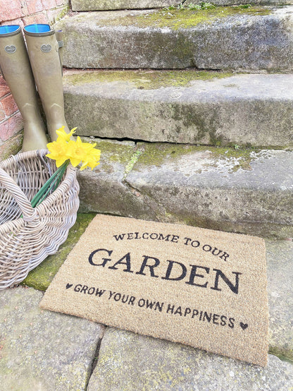 Geko Products grow your own happiness doormat with welcome to our garden text on outdoor stone steps