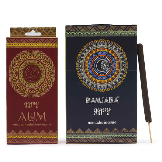 Gypsy Nomadic Incense AUM pack featuring colorful designs and incense sticks for aromatherapy.