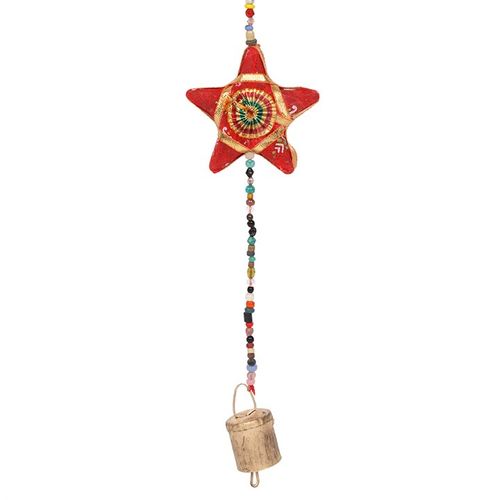 Hanging moon and star decor featuring a colorful star and decorative beads with a charming bell