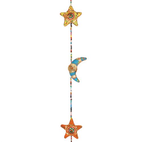Colorful hanging moon and star decor with intricate designs and bells for enchanting room ambiance