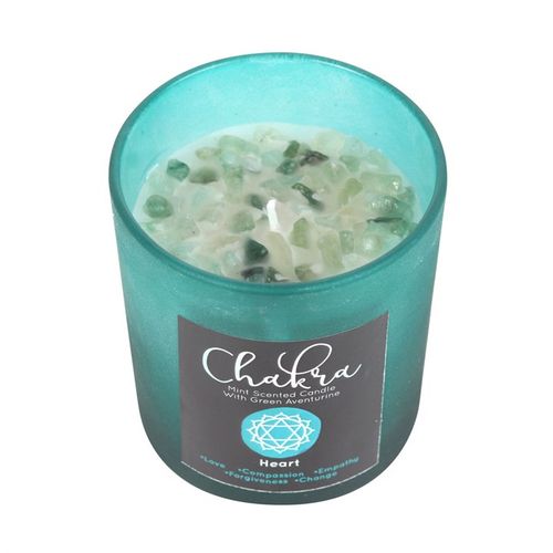Heart Chakra candle made with mint scent and crystal chips for calming energy