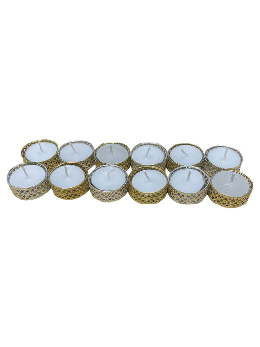 Set of heart pattern tea light candles by Geko Products with white wax in decorative gold and silver holders