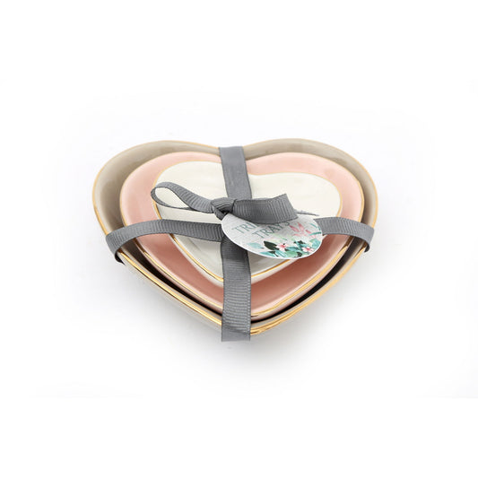 Set of heart shaped trinket dishes in pink, white, and beige tied with gray ribbon by Geko Products