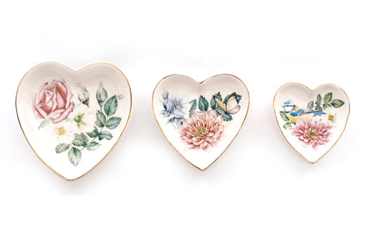 Geko Products heart trinket dishes set with floral designs and gold edges in three sizes
