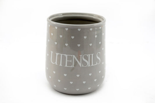 Gray ceramic hearts design utensil holder with white small heart patterns and UTENSILS text