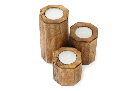 Geko Products hexagon tealight holders set made of natural wood with three different sizes