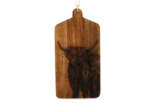 Highland Cow Cheese Board made of wood featuring engraved highland cow design and hanging rope
