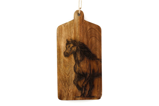 Horse engraved cheese board by Geko Products made of wood with detailed horse design and hanging loop