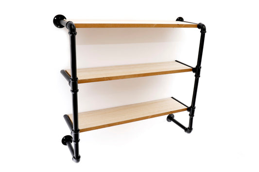 Geko Products industrial pipe shelving with three wooden shelves and black metal pipe frame