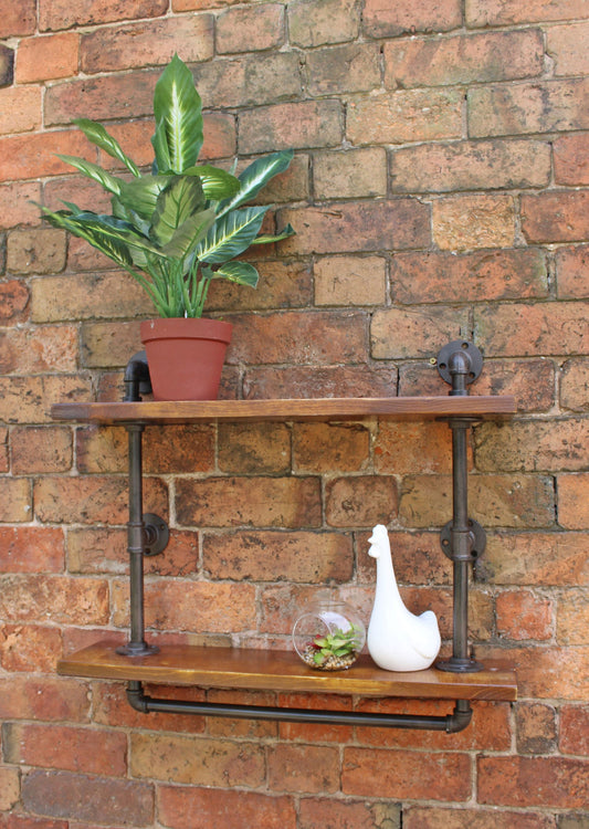 Geko Products industrial pipe wall shelf with two wooden shelves holding a potted plant and decorative items