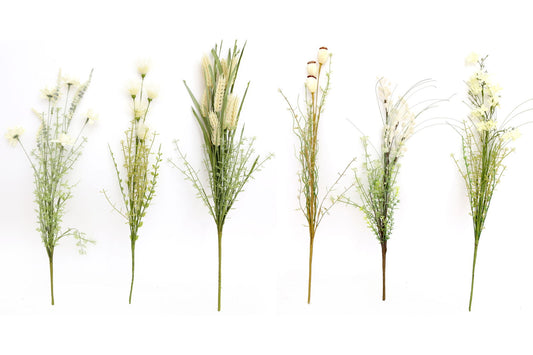Ivory wild flower arrangement featuring six delicate stems with natural greenery and light cream blossoms