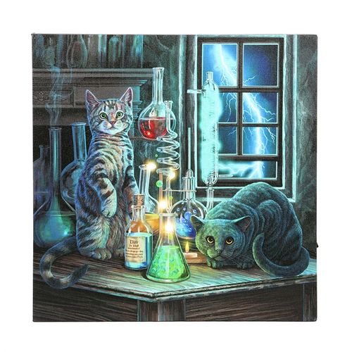 Jekyll and Hyde canvas art featuring cats in a lab with colorful potions and a dramatic stormy window