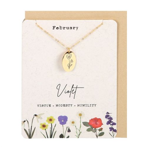 February Birth Card featuring a gold necklace with violet flower design and inspirational words