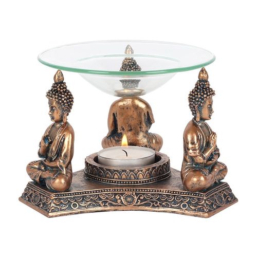 Decorative Bronze Buddha oil burner with glass dish and tea light holder for aromatherapy