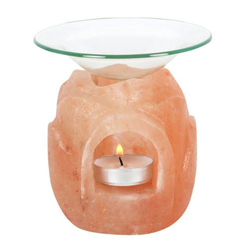Lotus flower shaped Himalayan salt oil burner with candle and glass dish for essential oils