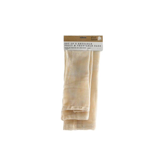Set of reusable vegetable bags in beige mesh fabric for eco-friendly fruit and vegetable storage