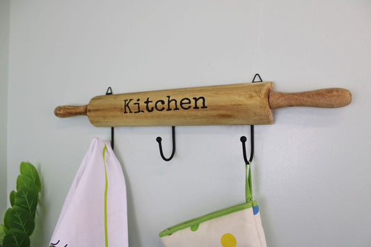 Geko Products kitchen wall hooks decorative wooden rolling pin design with three black hooks holding kitchen towels