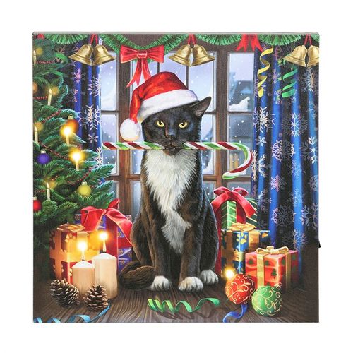 Krampuss Christmas art featuring a black cat in a Santa hat with a candy cane surrounded by holiday decorations