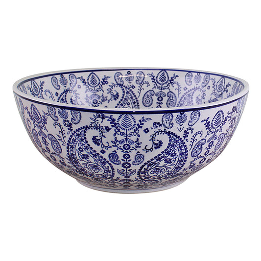 Geko Products large ceramic bowl with paisley design in blue and white for serving or decor