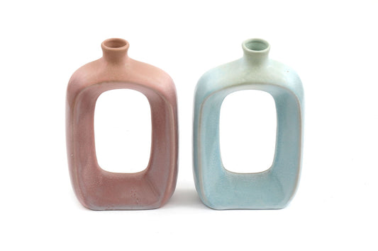 Geko Products large doughnut bud vase set in pink and blue ceramic with open hollow center