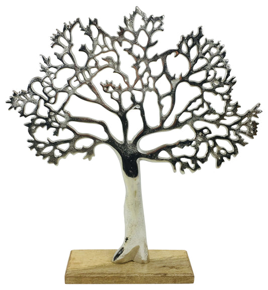 Geko Products large silver tree ornament with intricate branches on wooden base decoration