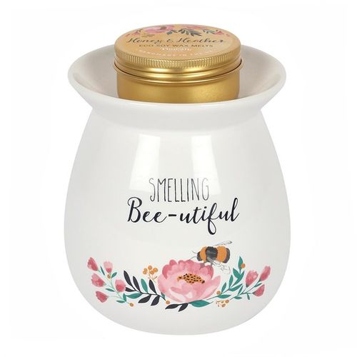Large Smelling Bee-utiful wax melt warmer in white with floral design, perfect for enhancing any space