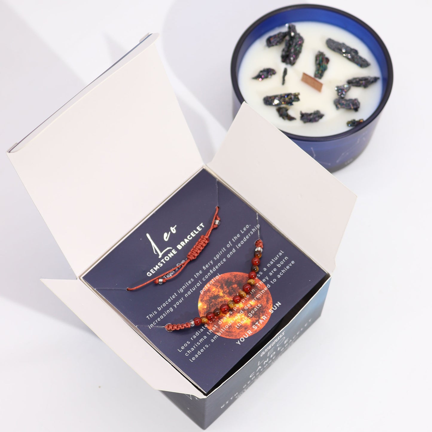 Leo gemstone bracelet in elegant box for Zodiac Crystal Candle gift set